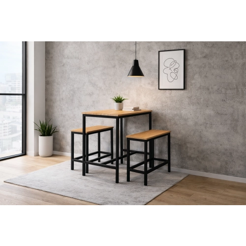 Zestaw Barowo - Jadalniany z Metalu , Blat Drewno Lite Dębowe  Stół +2 Ławki Model  ZETS-12