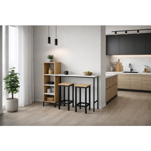 Zestaw Barowo -Jadalniany z Metalu i Drewna Litego Dębowego  Stół + 2 Taborety Model ZETS-23