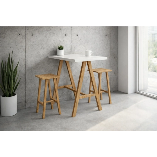 Zestaw Barowo - Jadalniany Nogi z Drewna Litego Dębowego , Blat Biały Płyta MDF Stół + 2 Taborety Model  ZETS-29