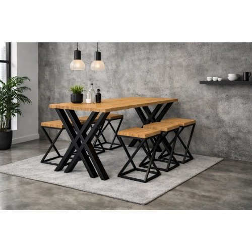 Zestaw Barowo -Jadalniany z Metalu i Drewna Litego Dębowego  Stół + 6 Taboretów Model  ZETS-3