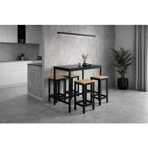 Zestaw Barowo - Jadalniany z Metalu , Blat Czarny Płyta MDF  Stół +4 Taborety Model  ZETS-5