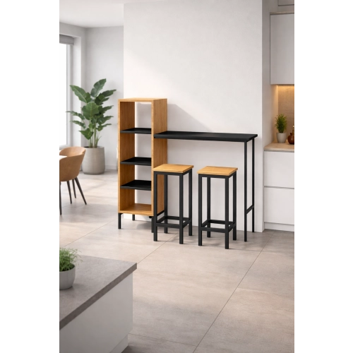 Zestaw Barowo -Jadalniany z Metalu i Drewna Litego Dębowego  Stół + 2 Taborety Model ZETS-24