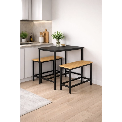 Zestaw Barowo - Jadalniany z Metalu , Blat Czarny Płyta MDF  Stół +2 Ławki Model  ZETS-11