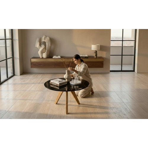 STOLIK KAWOWY z Drewna Litego Dębowego Blat Czarny Płyta MDF  STK-936