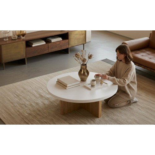 STOLIK KAWOWY z Drewna Litego Dębowego Blat Biały Płyta MDF  STK-931