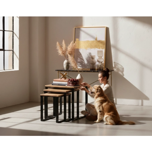 KOMPLET STOLIKÓW KAWOWY 3 w 1 DREWNO DĄB LITE I STAL STK-150