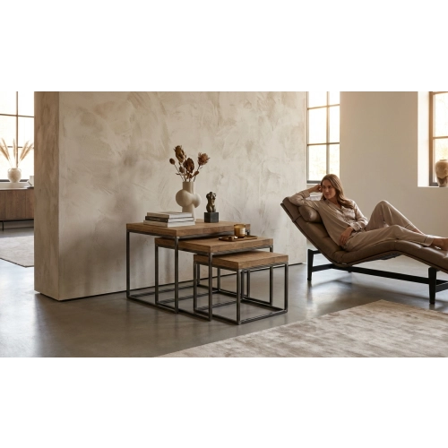 KOMPLET STOLIKÓW KAWOWY 3 w 1 DREWNO DĄB LITE I STAL STK-149