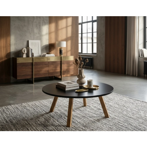 STOLIK KAWOWY z Drewna Litego Dębowego Blat Czarny Płyta MDF  STK-940