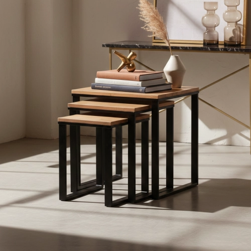 KOMPLET STOLIKÓW KAWOWY 3 w 1 DREWNO DĄB LITE I STAL STK-150