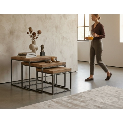 KOMPLET STOLIKÓW KAWOWY 3 w 1 DREWNO DĄB LITE I STAL STK-149