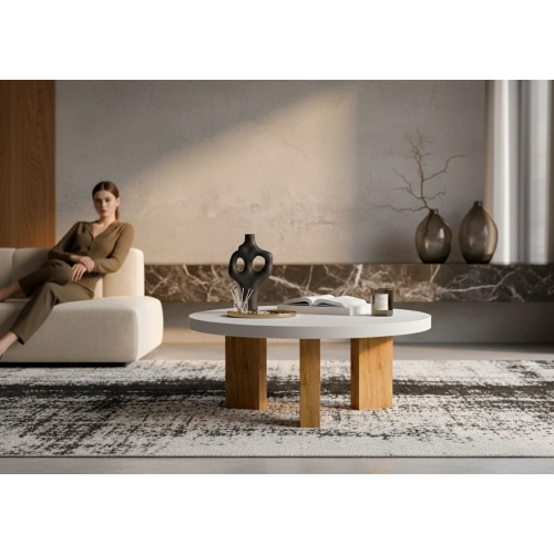 STOLIK KAWOWY z Drewna Litego Dębowego Blat Biały Płyta MDF  STK-934