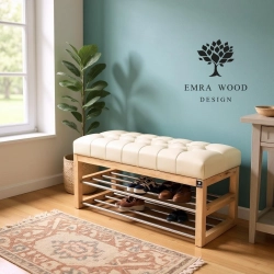 Ławeczka Pufa Pikowana Ekoskóra Ecru Guzik Tapicerowany LPP-5 Rozmiary od 50 cm do 200 cm