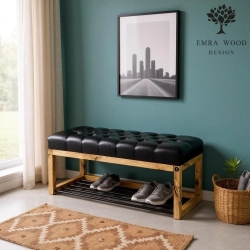 Ławeczka Pufa Pikowana Ekoskóra Czarny Guzik Tapicerowany Dębowa Loft LPP-4 Rozmiary od 50 cm do 200 cm