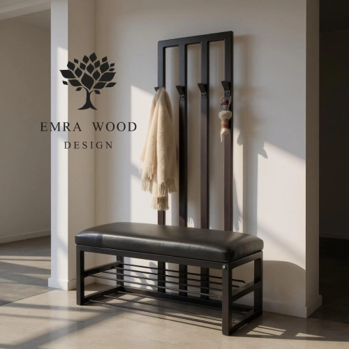 Ławka Metalowa Tapicerowana Czarny Ekoskóra z Wieszakiem LGM-218 Rozmiary od 50 cm do 200 cm