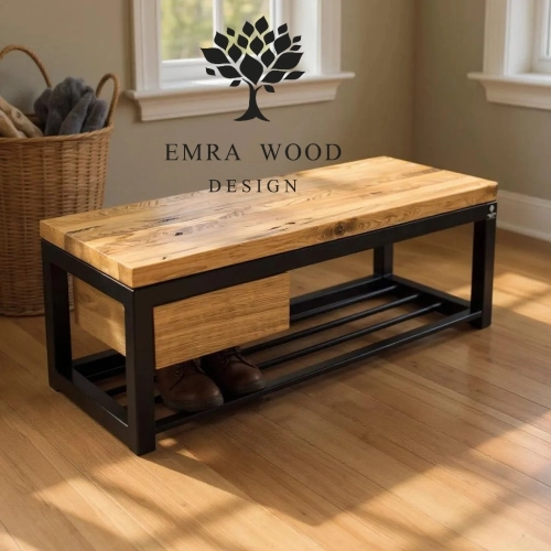 Ławka Metalowa Loft Siedzisko Drewno Lite Dąb LM-4 Rozmiary od 50 cm do 200 cm