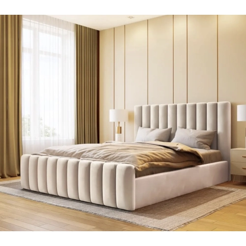 Łóżko tapicerowane z pojemnikiem Frida w pasy  Wezgłowia 110 cm