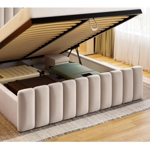 Łóżko tapicerowane z pojemnikiem Frida w pasy  Wezgłowia 110 cm