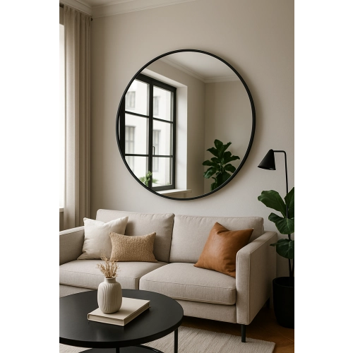 Lustro HALO BLACK – Okrągłe Lustro w Czarnej Ramie MDF SLIM do Salonu, Przedpokoju i Sypialni, Nowoczesne Lustro Dekoracyjne