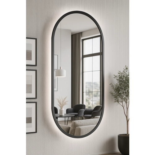 Lustro VELVET OVAL – Owalne Lustro w Matowej Czarnej Ramie MDF z podświetleniem LED do Sypialni, Przedpokoju i Salonu Biura