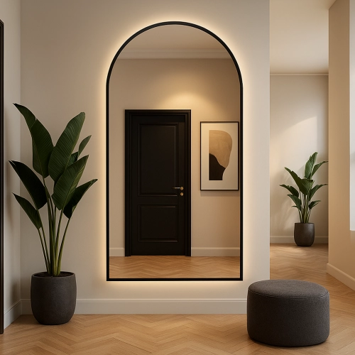 Lustro LUNARO półokrągłe dekoracyjne nowoczesne w ramie mdf z podświetleniem LED do salonu holu łazienki