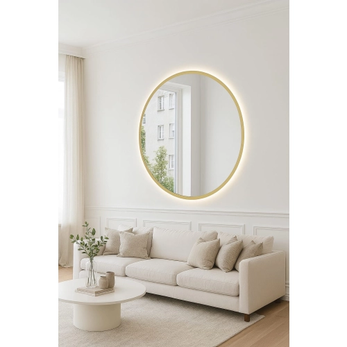 Lustro MONACO GLOW – okrągłe lustro LED złota rama z podświetleniem | Nowoczesne lustro dekoracyjne do salonu, sypialni i przedpokoju