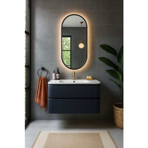 Lustro VELVET OVAL – Owalne Lustro w Matowej Czarnej Ramie MDF z podświetleniem LED do Sypialni, Przedpokoju i Salonu Biura