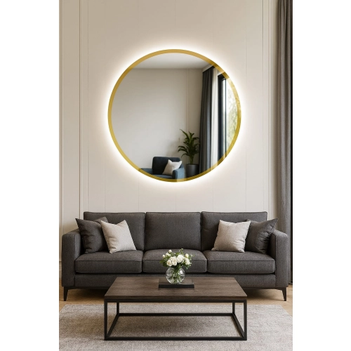 Lustro MONACO GLOW – okrągłe lustro LED złota rama z podświetleniem | Nowoczesne lustro dekoracyjne do salonu, sypialni i przedpokoju