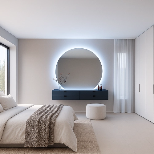 Lustro AMOUR LED – okrągłe lustro łazienkowe ze ściętym bokiem i podświetleniem | nowoczesny design