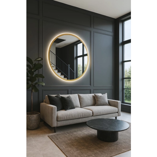 Lustro MONACO GLOW – okrągłe lustro LED złota rama z podświetleniem | Nowoczesne lustro dekoracyjne do salonu, sypialni i przedpokoju