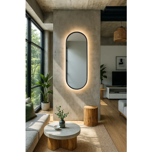 Lustro VELVET OVAL – Owalne Lustro w Matowej Czarnej Ramie MDF z podświetleniem LED do Sypialni, Przedpokoju i Salonu Biura