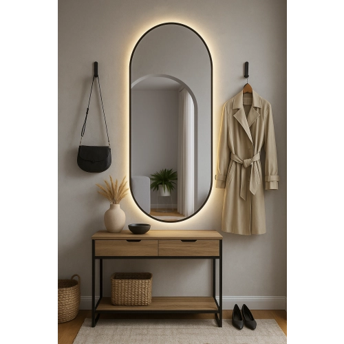 Lustro VELVET OVAL – Owalne Lustro w Matowej Czarnej Ramie MDF z podświetleniem LED do Sypialni, Przedpokoju i Salonu Biura