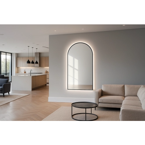 Lustro LUNARO półokrągłe dekoracyjne nowoczesne w ramie mdf z podświetleniem LED do salonu holu łazienki