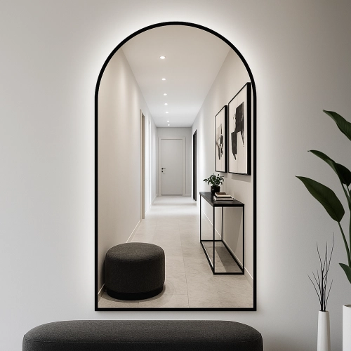 Lustro LUNARO półokrągłe dekoracyjne nowoczesne w ramie mdf z podświetleniem LED do salonu holu łazienki