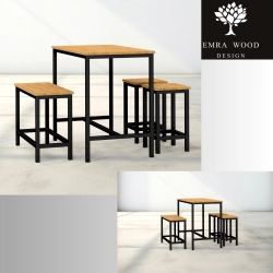 Zestaw Barowo - Jadalniany z Metalu , Blat Drewno Lite Dębowe  Stół +1 Ławka + 2 Taborety Model  ZETS-13