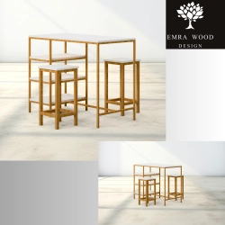 Zestaw Barowo - Jadalniany Nogi z Drewna Litego Dębowego , Blat Biały Płyta MDF Stół + 2 Taborety Model  ZETS-27