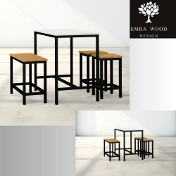 Zestaw Barowo - Jadalniany z Metalu , Blat Biały Płyta MDF  Stół +1 Ławka + 2 Taborety Model  ZETS-14