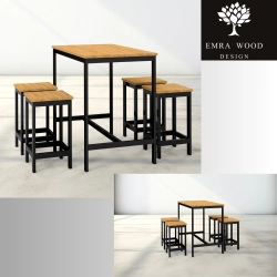 Zestaw Barowo -Jadalniany z Metalu i Drewna Litego Dębowego  Stół + 4 Taborety Model ZETS-2