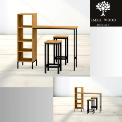 Zestaw Barowo -Jadalniany z Metalu i Drewna Litego Dębowego  Stół + 2 Taborety Model ZETS-20