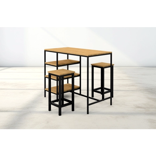 Zestaw Barowo -Jadalniany z Metalu i Drewna Litego Dębowego  Stół + 2 Taborety Model ZETS-19