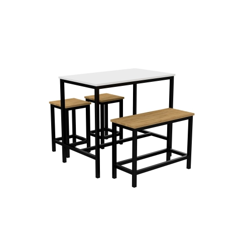Zestaw Barowo - Jadalniany z Metalu , Blat Biały Płyta MDF  Stół +1 Ławka + 2 Taborety Model  ZETS-14