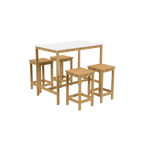 Zestaw Barowo - Jadalniany Nogi z Drewna Litego Dębowego , Blat Biały Płyta MDF Stół + 4 Taborety Model  ZETS-8