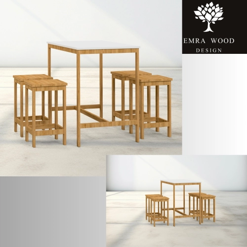 Zestaw Barowo - Jadalniany Nogi z Drewna Litego Dębowego , Blat Biały Płyta MDF Stół + 4 Taborety Model  ZETS-8