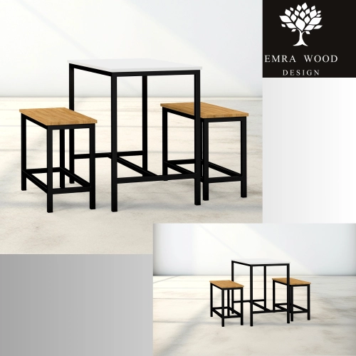 Zestaw Barowo - Jadalniany z Metalu , Blat Biały Płyta MDF  Stół +2 Ławki Model  ZETS-10