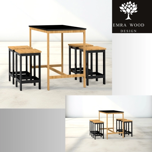 Zestaw Barowo Jadalniany Nogi z Drewna Litego Dębowego, Blat Czarny Płyta MDF Stół + 4 Taborety Model  ZETS-7