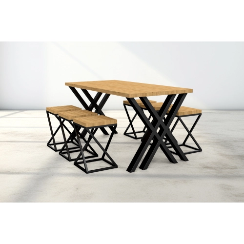 Zestaw Barowo -Jadalniany z Metalu i Drewna Litego Dębowego  Stół + 6 Taboretów Model  ZETS-3