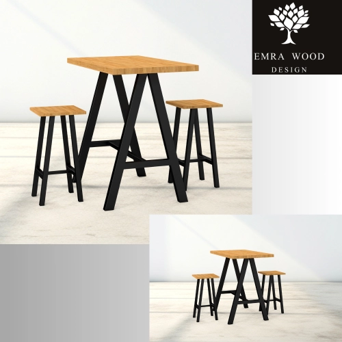 Zestaw Barowo -Jadalniany z Metalu i Drewna Litego Dębowego  Stół + 2 Taborety Model ZETS-31