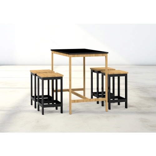 Zestaw Barowo Jadalniany Nogi z Drewna Litego Dębowego, Blat Czarny Płyta MDF Stół + 4 Taborety Model  ZETS-7