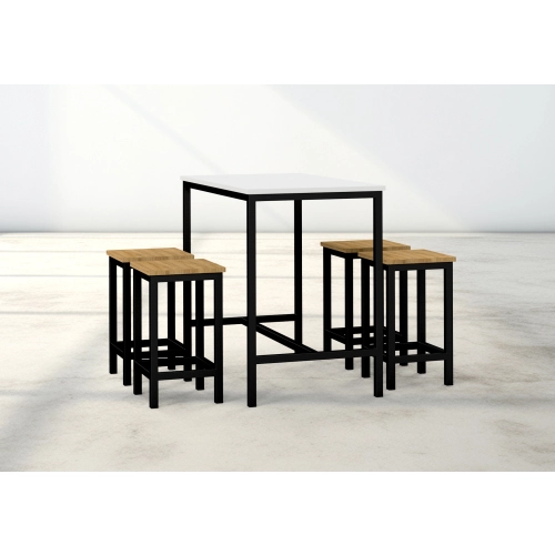 Zestaw Barowo - Jadalniany z Metalu , Blat Biały Płyta MDF  Stół +4 Taborety Model  ZETS-17