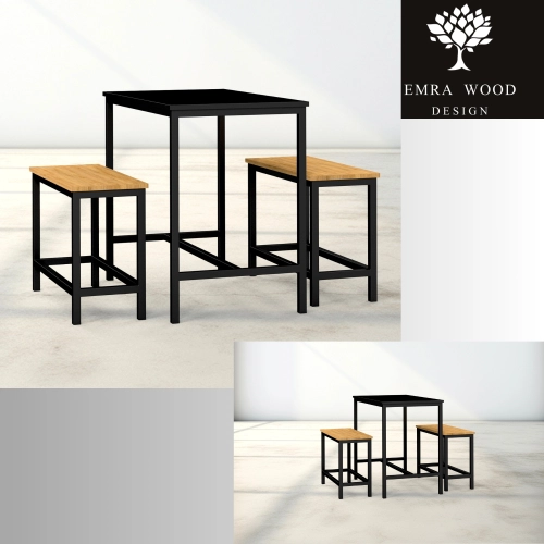 Zestaw Barowo - Jadalniany z Metalu , Blat Czarny Płyta MDF  Stół +2 Ławki Model  ZETS-11