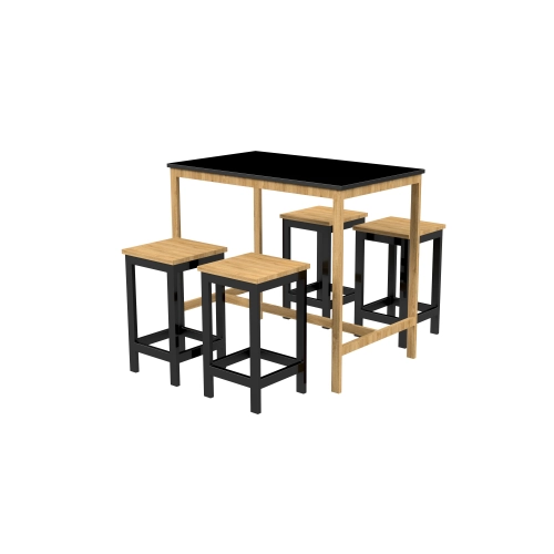 Zestaw Barowo Jadalniany Nogi z Drewna Litego Dębowego, Blat Czarny Płyta MDF Stół + 4 Taborety Model  ZETS-7